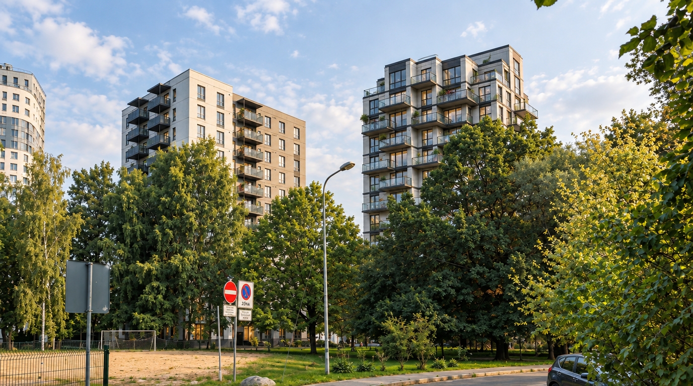 A crisp, eye-level architectural photograph capturing the exact scene with realistic textures and natural afternoon daylight, shot on a 35mm lens with sharp focus throughout. The modern high-rise facades feature authentic white terrazzo panels and subtly toned concrete panels, contrasted by dark window frames and clean glazed balcony railings. Warm interior illumination glows gently behind scattered apartment windows, while subtle life appears with a few distant figures and colorful potted flowers on select balconies. The surrounding lush green trees, street lamp, signage, and sandy foreground retain their exact placement with true-to-life leaf translucency, soft natural shadows, slight lens distortion, and faint film grain that complete a lifelike, unpolished documentary aesthetic.