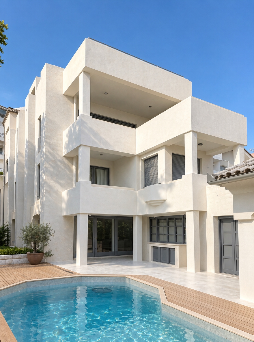 An incredibly lifelike, richly detailed, photorealistic architectural shot of a modern minimal villa in Voula, Greece, set in a sun-drenched summer environment. The scene is illuminated by crisp, bright midday light, creating a clean, serene, and sophisticated atmosphere. Captured with a 24mm wide-angle lens, emphasizing the seamless transition between the textures of the white-washed stone masonry and the smooth, monolithic white plaster surfaces. 

In this redesigned vision, the building features a uniform, off-white monochromatic palette that unifies the previously rustic stone facade and the structural volumes. All rounded columns have been transformed into sharp, minimalist square piers, reinforcing a geometric, contemporary aesthetic. The ground floor window frames are finished in a refined, deep grey, providing a subtle contrast against the bright, off-white exterior. The outdoor space flows effortlessly, retaining the original warm-toned wood decking around the pool, while all remaining exterior ground surfaces are now finished in a seamless, off-white polished concrete (patiti tsimentokonia). The pool itself is transformed, with its interior lined in the same elegant, off-white cementitious finish, causing the water to reflect a striking, vibrant cerulean hue against the tranquil, minimalist architecture.
