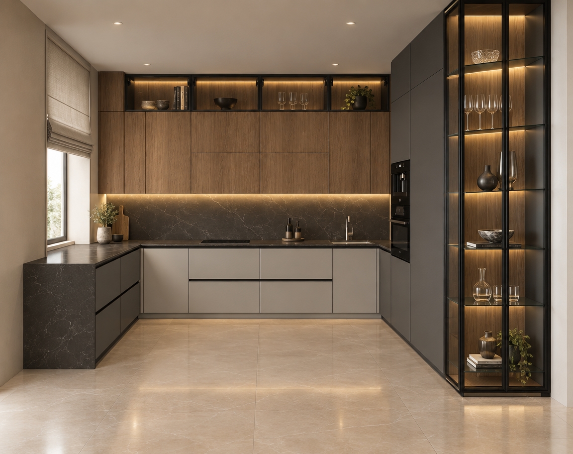 An incredibly lifelike, richly detailed, photorealistic eye-level interior shot of a bespoke contemporary kitchen set in a serene, modern residence. The scene is illuminated by warm, diffused under-cabinet LED strips and the soft, ambient glow of the integrated display lighting, creating a sophisticated and welcoming atmosphere. Captured with a 35mm lens, emphasizing the crisp contrast between the matte charcoal surfaces and the rich walnut grain.

The kitchen features a seamless U-shaped layout where charcoal-grey lower cabinets meet a premium black marble countertop with subtle veining. The upper tier consists of warm, vertical-grain walnut cabinetry, providing a natural textural balance. To the right, a floor-to-ceiling glass vitrine serves as a stunning focal point, featuring chic, asymmetrical glass shelving that appears to float within the frame, each level bathed in a gentle golden accent light. On the left, a tailored Roman shade in a soft, neutral linen fabric filters daylight from the window. The composition is grounded by expansive, 1m x 1m beige matte marble floor tiles, which provide a luxurious, monolithic base that reflects the soft indoor lighting. Every edge—from the sharp, handleless cabinet profiles to the refined glass-and-metal framing of the display—exhibits a sense of precision and architectural clarity, evoking the feel of a high-end design showroom.