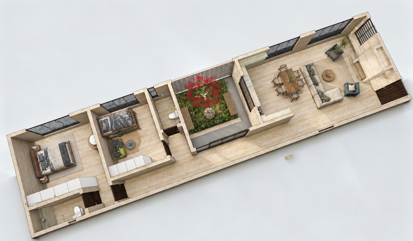 High-angle axonometric architectural photograph of the cutaway floor plan, precisely maintaining the exact geometry, furniture layout, and spatial arrangement. Soft, diffused natural daylight illuminates the interior and pours into the central courtyard, creating realistic soft-contact shadows and gentle ambient bounce across the light wood and travertine flooring. Materials are rendered with natural physical realism, showcasing distinct woven textures on the beds and sofas, polished grain on the wooden dining table, crisp ceramic finishes in the bathrooms, and lush organic foliage on the central red-flowering tree. Captured with a high-resolution medium-format camera for edge-to-edge sharpness, neutral color balance, and clean, lifelike architectural lighting.