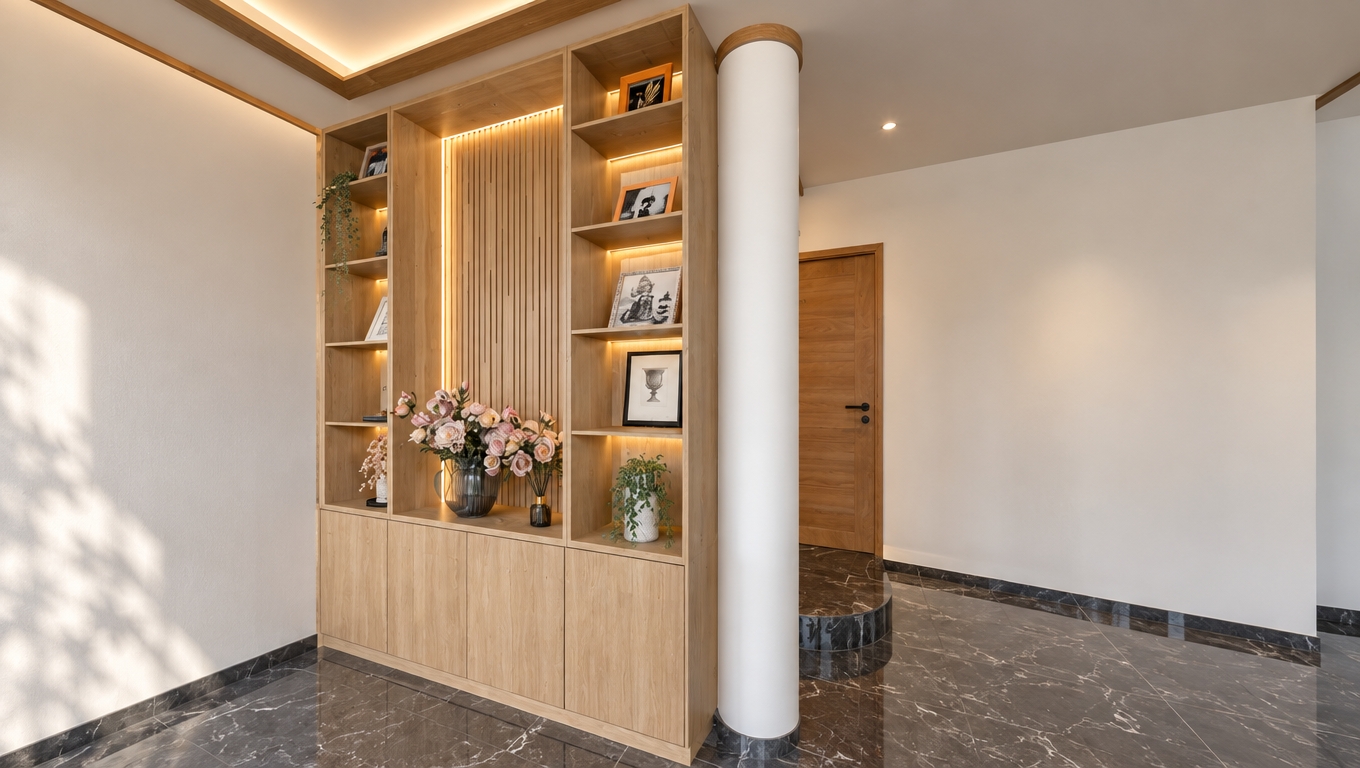A photorealistic architectural interior photograph capturing the exact scene, featuring natural light-oak wood grain with authentic texture on the custom partition cabinet. Warm 3000K LED strip lighting glows softly behind the vertical fluted panels and under display shelves, casting soft illumination onto the framed art and floral arrangements. The smooth white column and matte walls contrast with the polished dark marble floor tiles that show gentle, realistic reflections. Balanced interior daylight creates subtle ambient occlusions and soft contact shadows, captured on a 35mm lens with sharp focus, realistic material physics, and gentle natural depth of field.