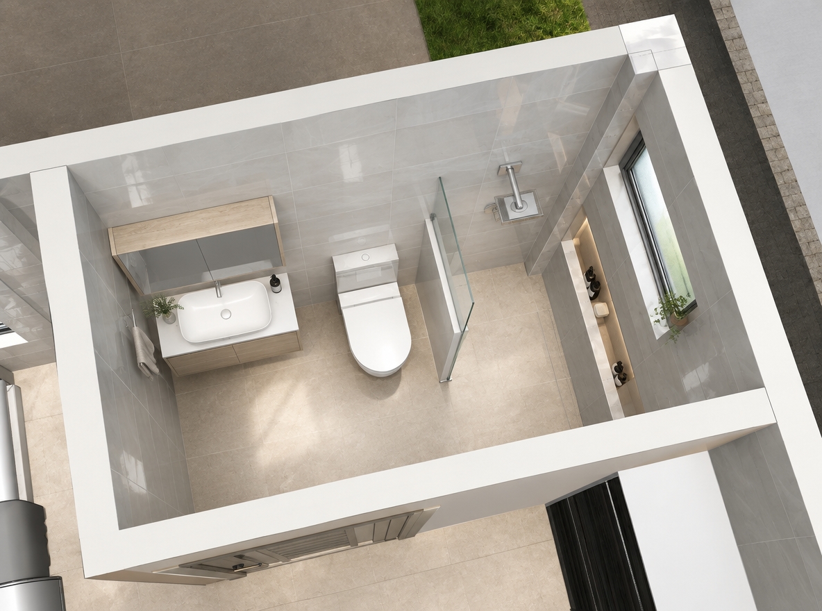 An incredibly lifelike, richly detailed, photorealistic bird’s-eye perspective shot of a modern ensuite bathroom set in a serene Scandinavian sanctuary. The scene is illuminated by soft, diffused natural light pouring through a vertical frosted glass window, creating a crisp, airy, and tranquil atmosphere. Captured with a 24mm wide-angle lens, emphasizing the cool, glossy light-gray wall tiles that reflect the morning glow against the contrasting warmth of the matte, sand-toned ceramic floor tiles. The minimalist white wall-hung toilet and sleek porcelain vanity sit in perfect harmony, while a subtle glass partition defines the shower area, revealing a thoughtfully recessed niche for bath essentials. Every element, from the clean architectural lines to the understated premium finishes, evokes a sense of peaceful, functional elegance characteristic of contemporary Nordic design.