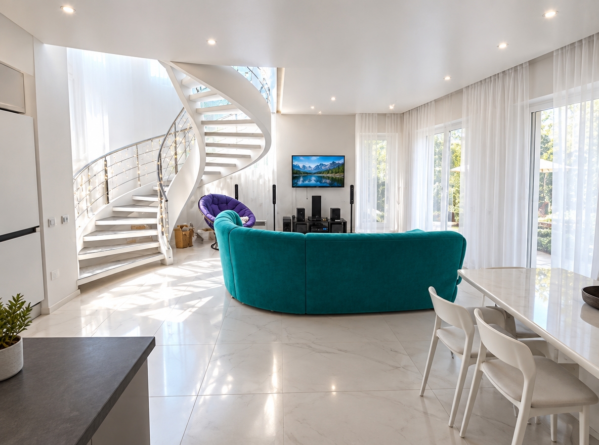 An incredibly lifelike, richly detailed, photorealistic wide-angle interior photograph of an elegantly transformed contemporary living room set in a sophisticated modern residence during a radiant summer midday. The scene is illuminated by luminous midday daylight diffused through floor-to-ceiling sheer white curtains and complemented by evenly spaced, warm-white recessed spotlights, creating a bright, pristine, and serene atmosphere. Captured with a professional full-frame camera and an ultra-wide 16-35mm lens, emphasizing the seamless, flawless texture of the newly installed matte white stretch ceiling, the delicate drape of airy linen curtains flanking the patio doors, and the sleek curvature of the sculptural white spiral staircase. The iconic curved teal sofa serves as a striking centerpiece against gleaming light-toned porcelain tiles, while the clean architectural lines and sunlit garden glimpses outside blend contemporary elegance with effortless modern comfort.