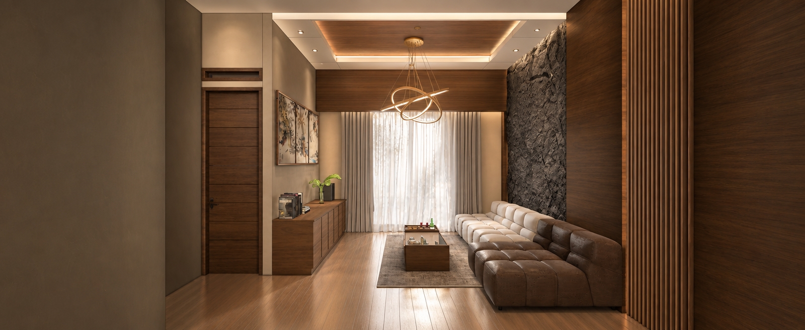 An incredibly lifelike, richly detailed, photorealistic interior shot of a contemporary living room set in a sophisticated urban residence. The scene is illuminated by the soft, golden glow of a sculptural hoop chandelier and recessed cove lighting, creating a warm, balanced, and refined atmosphere. Captured with a 35mm wide-angle lens, the image emphasizes the rich, organic textures of the deep walnut wood paneling and the rugged, tactile contrast of the charcoal-toned natural stone feature wall. 

The composition centers on a sleek, low-profile modular sofa upholstered in premium, tufted espresso-toned leather and soft pearl-hued fabric, grounding the space atop a plush, textured rug. To the left, a streamlined walnut sideboard hosts a small curated collection of art books and a minimalist glass vase with a single vibrant green botanical, beneath a subtle piece of abstract wall art that harmonizes with the room’s champagne and soft gray color palette. Vertical fluted wood slats add rhythmic architectural depth to the right, while sheer, floor-to-ceiling curtains soften the light, blending contemporary elegance with an inviting, lived-in warmth.