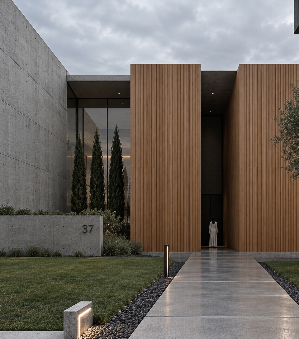 An incredibly lifelike, richly detailed, photorealistic architectural wide-angle shot of a grand, minimalist residence set in a serene, contemporary landscape. The scene is illuminated by soft, diffused overcast daylight, creating a calm, contemplative, and Zen-inspired atmosphere. Captured with a Phase One XF IQ4 medium format camera and a 35mm lens, the image emphasizes the stark textures of raw concrete panels and the warm, vertical precision of slatted timber cladding.

The design is a masterclass in architectural restraint, characterized by monumental geometric volumes that interact to create a sense of grounded elegance. To the left, a towering wall of gray, precision-cast concrete panels provides a heavy, monolithic anchor. This is juxtaposed against a striking central facade defined by two massive, vertically oriented wooden volumes, separated by a deep, recessed shadow gap that serves as the entry portal. The interplay of materials is precise: the cool, industrial matte gray of the concrete slab flooring and wall panels creates a stark, beautiful contrast with the organic, honey-toned warmth of the wood.

A solitary figure in a crisp, white, flowy garment stands centered in the shadowed entryway, serving as a human scale reference that underscores the soaring height of the architecture. The composition is strictly balanced, utilizing the rule of thirds to highlight the tension between the organic greenery—three slender, conical cypress trees tucked behind a glass curtain wall—and the rigid, streamlined geometry of the structure.

In the foreground, a low-profile concrete wall displays the address "37" in clean, minimalist typography, bordering a pristine bed of white gravel and dark river stones. The landscaping is purposefully sparse, incorporating patches of manicured grass and subtle, recessed lighting elements that suggest a thoughtful, nocturnal transformation. The overall aesthetic is one of "Minimalist Haven"—a space where clutter is nonexistent, surfaces are clean, and the architecture itself serves as the primary art. The atmosphere is hushed and intentional, reflecting a lifestyle defined by simplicity, clarity, and an appreciation for the subtle shifts in light and shadow across sophisticated, modern materials.