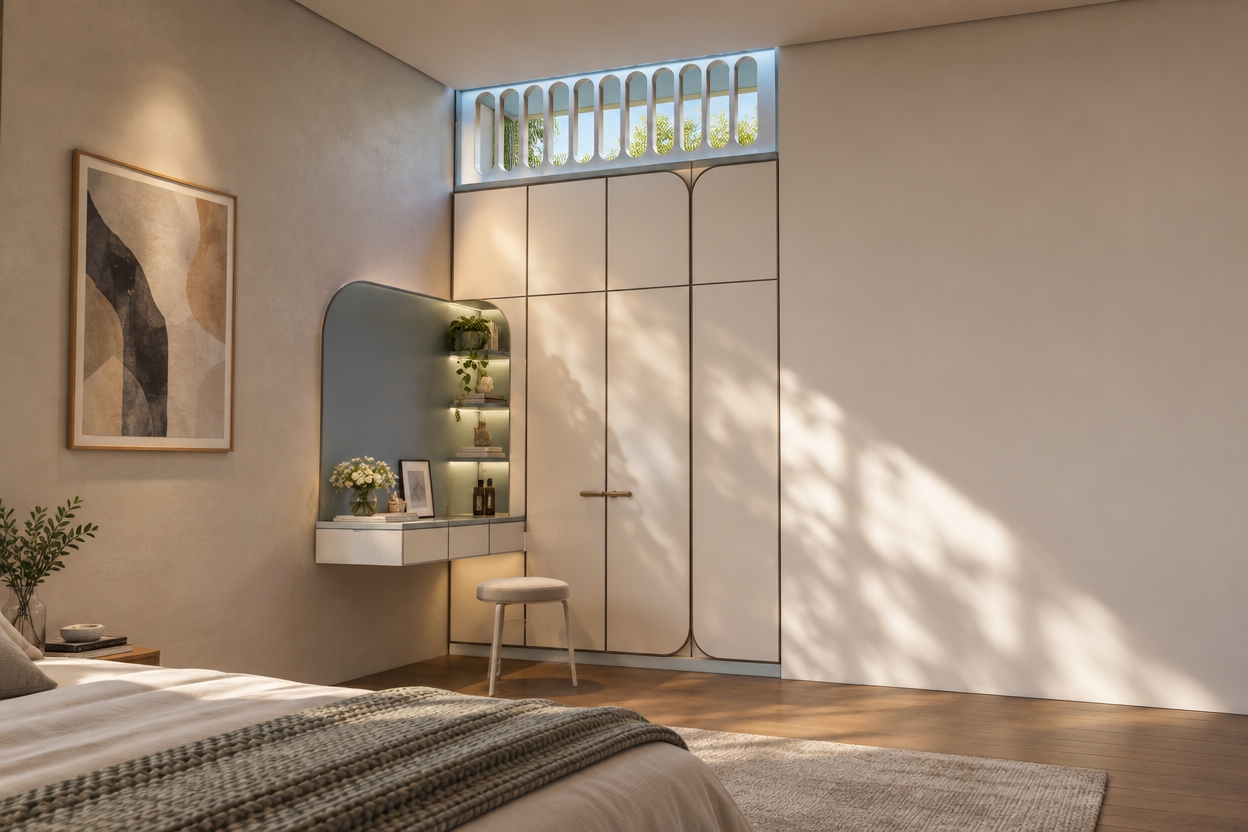 @Create image # Ultra-Photorealistic Luxury Bedroom Prompt

**Ultra-photorealistic luxury bedroom render. Preserve the original architecture, volume, geometry, proportions, layout and camera angle EXACTLY — absolutely no structural or design changes. Enhance only materials, colors, textures, lighting and realism. You may add tasteful, realistic decorative objects such as plants, books, artwork, cushions and small accessories without altering the architecture. Use realistic natural daylight combined with soft, warm hidden LED lighting and subtle indirect illumination. Make all lighting physically natural, with realistic light falloff, soft shadows, natural reflections and balanced exposure. Premium natural materials, authentic micro-textures, realistic wood, fabric and stone, subtle imperfections, natural color variation, warm elegant atmosphere. Cinematic full-frame camera, 35mm lens, HDR, 8K, ultra-detailed, sharp focus, high-end architectural photography, extremely natural and indistinguishable from a real photograph.**
### BUILT-IN WARDROBE + UPPER LIGHTWELL — STRICT PRESERVATION

The original built-in wardrobe has a lightwell (clerestory / upper daylight opening) directly above it.

* Preserve the exact original lightwell position, dimensions, height, width, depth and geometry above the wardrobe.

* The lightwell must remain clearly visible and must not be covered, closed, removed, resized or replaced with a solid wall or ceiling.

* Render the lightwell with realistic natural daylight entering from above, creating soft, physically accurate illumination and subtle shadows on the wardrobe and surrounding surfaces.

* Maintain the exact original wardrobe design, door layout, dimensions, materials and position.

* Keep the gap and architectural relationship between the top of the wardrobe and the lightwell exactly as shown in the original image.

* Ensure the lightwell looks like a real architectural daylight opening, not an artificial LED strip or decorative lighting feature.

ABSOLUTE REQUIREMENT: The daylight opening above the wardrobe is an existing architectural element and must be preserved exactly. Do not alter its geometry or convert it into artificial lighting.