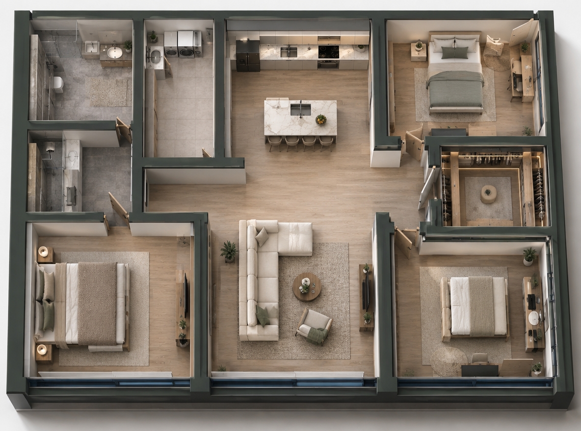 An incredibly lifelike, richly detailed, photorealistic top-down architectural cutaway photograph of a fully furnished contemporary residential floor plan set in a bright, modern interior environment. The scene is illuminated by soft daylight streaming across the spaces complemented by warm, recessed ambient LED lighting, creating a calm, luxurious atmosphere. Captured with a professional tilt-shift architectural lens on a medium-format camera, emphasizing the rich textures of natural oak flooring, veined marble tiles, and plush upholstery. 

In the bottom-left, the master bedroom is appointed with an elegant upholstered king-size bed, neutral linen bedding, matching nightstands, and a textured area rug. The expansive central living zone is thoughtfully zoned: the upper section showcases a sleek modern kitchen with integrated matte-front cabinetry, premium built-in appliances, and a marble waterfall island with bar stools, while the lower section transitions into a welcoming living room centered around a deep L-shaped sectional sofa, low coffee table, and an accent rug. Flanking the right side, two stylish bedrooms feature cozy beds and minimalist workstations, surrounding a central, fully fitted walk-in wardrobe illuminated by built-in vertical LED strips, while the tiled bathroom and utility room on the upper left are cleanly equipped with contemporary sanitaryware and laundry appliances.