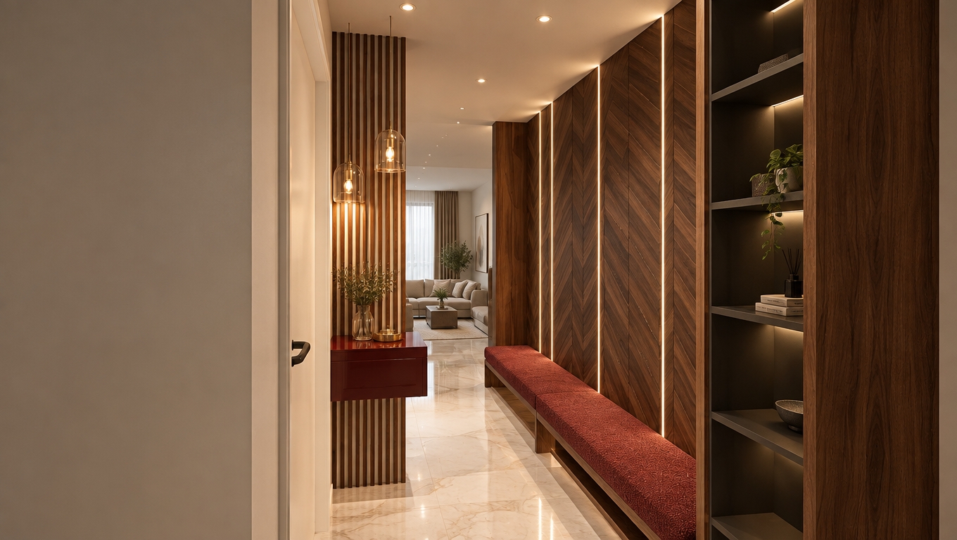 An incredibly lifelike, richly detailed, photorealistic eye-level interior perspective of a sophisticated entryway leading into a tranquil Scandinavian sanctuary. The scene is illuminated by a blend of warm, diffused ambient recessed lighting and the soft, golden glow of pendant fixtures, creating a serene and inviting "hygge" atmosphere. Captured with a 24mm wide-angle lens, emphasizing the rich, tactile contrast between the organic walnut wood grain, the velvety crimson upholstery of the integrated bench, and the cool, polished marble flooring that stretches into the bright, airy living space beyond.

The architectural composition draws the eye toward the rear, where hints of a minimalist living area emerge. The wall treatment features a refined chevron-patterned dark wood paneling, accented by sleek vertical LED light strips that provide a modern rhythmic quality. To the left, a delicate slatted wood feature wall provides a backdrop for a floating, deep-red console, illuminated by glass-encased pendants that cast soft shadows. The overall aesthetic is one of clean lines and purposeful design, suggesting a home filled with plush textiles, curated nature-inspired art, and accents of soft greenery, perfectly embodying a sophisticated, minimalist lifestyle.