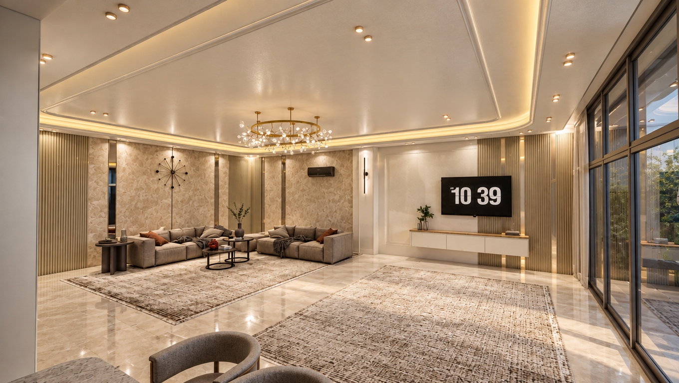 # ULTRA-PHOTOREALISTIC LUXURY LIVING ROOM & TV ROOM TRANSFORMATION

Transform the uploaded SketchUp architectural render of the **living room, reception area and TV room** into an ultra-photorealistic, high-end architectural photograph that looks completely indistinguishable from a real interior photograph captured with a professional full-frame camera.

**PRESERVE THE ORIGINAL ARCHITECTURE, VOLUME, GEOMETRY, PROPORTIONS, LAYOUT AND CAMERA ANGLE EXACTLY.**

Do not redesign, reconstruct, relocate, add or remove any architectural element. Do not change the original room dimensions, ceiling height, wall positions, doors, windows, TV wall design, ceiling details, decorative panels, flooring layout, furniture arrangement or camera perspective. Maintain the original architectural design and all its proportions precisely. Enhance only the materials, colors, textures, lighting, reflections and overall photorealism.

### 1. LUXURY LIVING ROOM & RECEPTION ATMOSPHERE

Create a sophisticated, elegant and welcoming luxury living room with a premium contemporary interior design aesthetic. Preserve the existing furniture placement and design exactly as shown in the original render.

Enhance the realism of sofas, armchairs, cushions, curtains, coffee tables, side tables and decorative accessories. Use authentic premium materials, including natural fabrics, refined wood, high-quality stone, marble, glass and metal, according to the materials already present in the original design.

Introduce realistic fabric textures, subtle stitching, natural wrinkles, accurate material roughness, soft reflections and slight natural imperfections. Every object must have realistic dimensions, physical weight and believable contact with the floor.

If decorative enhancements are appropriate, add only subtle, tasteful and realistic accessories such as books, minimal artwork, small plants, decorative objects and cushions, without changing the original architectural design or overcrowding the room.

### 2. TV ROOM & FEATURE WALL REALISM

Give special attention to the **TV wall, media console, decorative wall panels and surrounding architectural details**, preserving their exact original design.

Make the television screen, wall cladding, wood panels, stone, marble, microcement or other existing materials appear physically authentic and highly detailed. Accurately reproduce natural surface textures, realistic joints, subtle imperfections, material depth and physically correct reflections.

If the original design includes a decorative TV wall, fireplace, shelving, niches or wall-mounted lighting, preserve every element exactly as designed. Do not add new architectural features or reinterpret the existing design.

Ensure that the TV wall becomes a realistic architectural focal point through balanced composition, natural material definition and professional interior photography.

### 3. CEILING, COVE LIGHTING & CHANDELIER

Preserve the original ceiling design, gypsum details, recessed lighting, cove lighting, spotlights, pendant lights and chandeliers exactly as shown in the original render.

Create realistic warm hidden LED lighting integrated into the existing ceiling details. Use subtle indirect illumination, natural light diffusion and physically accurate light falloff.

If chandeliers or pendant lights are present, make their glass, metal, crystal and other materials appear realistic, with accurate reflections and natural light interaction.

Avoid excessive brightness, artificial glowing edges, overexposed light sources or unrealistic lighting effects. All light sources must feel physically plausible and professionally photographed.

### 4. NATURAL DAYLIGHT & CINEMATIC INTERIOR LIGHTING

Use a realistic combination of natural daylight entering through the existing windows and soft, warm architectural lighting from the original ceiling and wall fixtures.

Create a balanced, elegant and naturally illuminated atmosphere with:

* Soft daylight and realistic window illumination.
* Warm hidden LED lighting, approximately 2700K–3000K, where appropriate.
* Natural shadows and realistic indirect light bounce.
* Physically accurate reflections on glass, stone, wood and metal.
* Balanced exposure between bright windows and darker interior surfaces.
* Realistic ambient occlusion and contact shadows.
* No artificial CGI glow, excessive bloom or unnatural color casts.

The room should feel bright, comfortable, luxurious and genuinely lived-in, while maintaining the original lighting concept.

### 5. PREMIUM MATERIALS & MICRO-TEXTURES

Reproduce every material with maximum physical realism while preserving the original material placement and design.

Focus on authentic:

* Natural stone and marble veining.
* Wood grain and subtle tonal variations.
* Realistic fabric weave and upholstery textures.
* Glass transparency and natural reflections.
* Metal finishes with accurate roughness.
* Natural flooring texture and realistic joints.
* Wall paint, plaster and decorative panel micro-details.

Avoid plastic-looking surfaces, repetitive textures, excessive sharpening, fake reflections, oversaturated colors and perfectly flawless CGI materials.

Every surface should have realistic scale, texture depth, roughness and interaction with the surrounding light.

### 6. PROFESSIONAL ARCHITECTURAL PHOTOGRAPHY

Capture the living room and TV room as if photographed by a professional architectural photographer using a high-end full-frame camera.

Camera specifications:

* Full-frame professional camera.
* 35mm architectural photography lens, or a suitable focal length that matches the original camera angle.
* Camera height and position must remain identical to the original render.
* Preserve the original perspective, framing and composition.
* Natural vertical lines and corrected architectural perspective.
* HDR image quality with realistic dynamic range.
* Sharp architectural details and natural depth of field.
* Balanced exposure and subtle cinematic tonal grading.
* High-resolution 8K-quality output with natural fine details.

Do not change the camera angle, zoom, perspective or composition. The final image must preserve the exact visual framing of the original design.

### 7. FINAL PHOTOREALISTIC QUALITY

The final output must look like a genuine photograph of a completed luxury living room and TV room, not a computer-generated render.

Create an elegant, premium, warm and realistic interior atmosphere with authentic materials, physically accurate lighting, natural shadows, refined details and believable proportions.

**ABSOLUTE PRIORITY: Preserve the original architecture, interior design, furniture arrangement, TV wall, ceiling design and camera angle 100% exactly. Do not redesign the space. Improve only realism, materials, lighting, textures and photographic quality.**

FINAL RESULT: Ultra-photorealistic luxury living room and TV room architectural photograph, natural and sophisticated atmosphere, realistic materials, cinematic lighting, professional full-frame photography, HDR, 8K-quality detail, indistinguishable from a real photograph.
