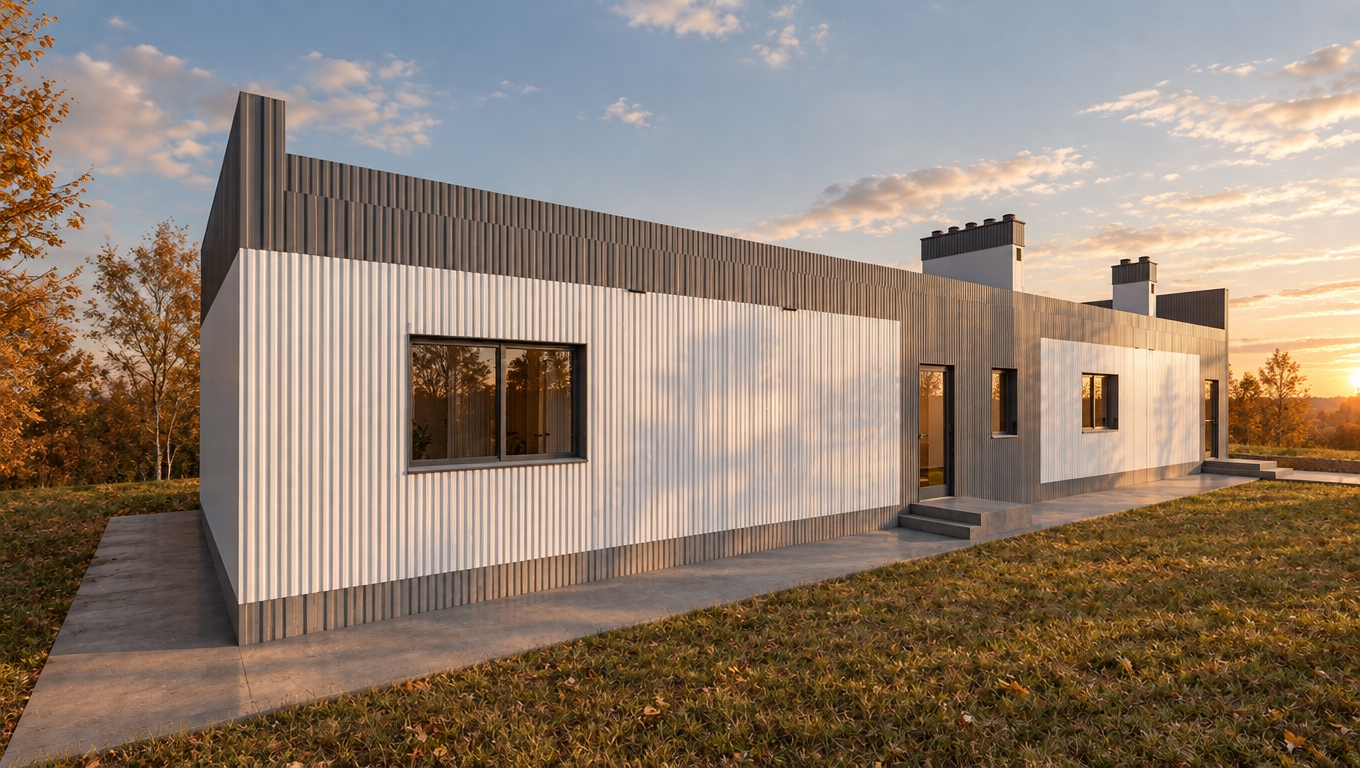 An incredibly lifelike, richly detailed, photorealistic eye-level exterior shot of a modern minimalist residence set in a serene, autumnal landscape. The scene is illuminated by the soft, golden-hued glow of a late-afternoon sunset, creating a tranquil, contemplative atmosphere. Captured with a 35mm lens, the composition emphasizes the clean, vertical lines of the corrugated metal siding, alternating between crisp white panels and matte gray sections that catch the long, amber shadows of the day.

The architecture reflects a strictly minimalist philosophy, where the uncluttered, streamlined surfaces highlight the functional beauty of the design. The building’s monochromatic exterior is grounded by a smooth concrete walkway, providing a sharp contrast to the surrounding lawn, where patches of dried autumnal grass hint at the changing season. Two chimney stacks rise against the backdrop of a soft blue sky, their rigid forms balancing the building’s linear massing. The aesthetic is one of elegant simplicity, evoking the pages of a high-end architecture monograph where the focus remains on the interplay of light, shadow, and the refined, understated geometry of the home.
