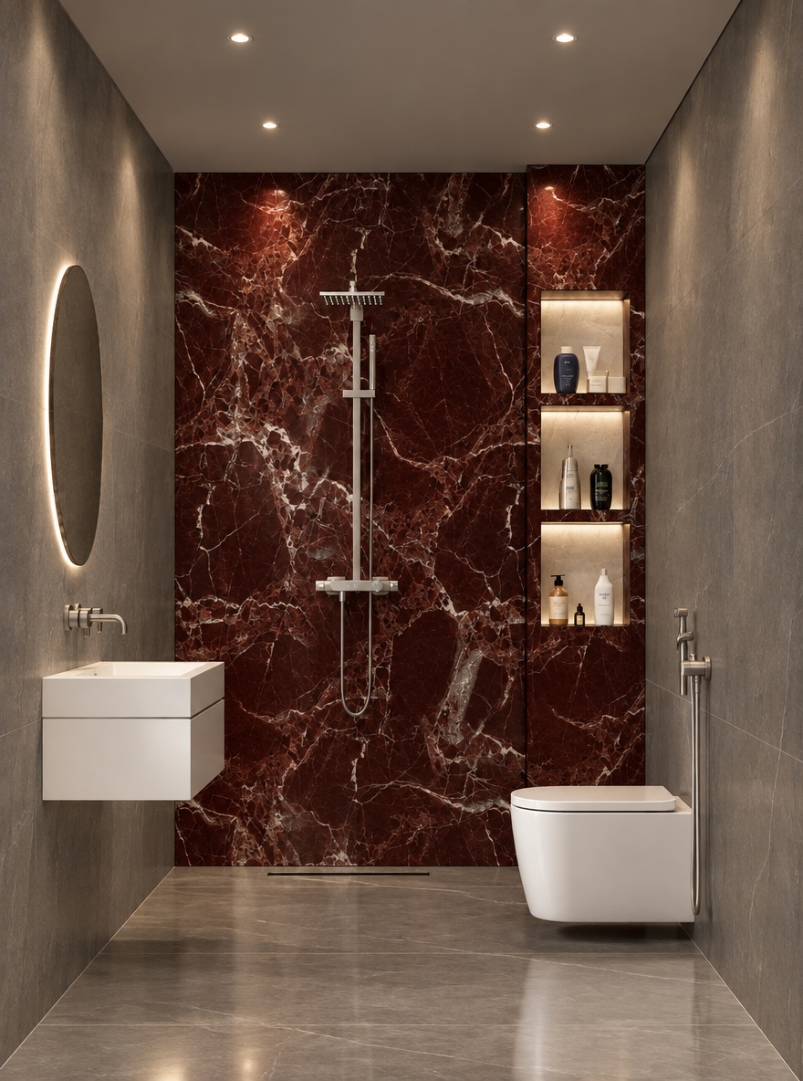 An incredibly lifelike, richly detailed, photorealistic interior shot of a luxurious contemporary bathroom set in a high-end urban residence. The scene is illuminated by recessed architectural spotlights that cast a soft, ambient glow across the space, creating a sophisticated and tranquil atmosphere. Captured with a 35mm wide-angle lens, the image emphasizes the dramatic contrast between the deep, wine-red Rosso Levanto marble feature wall and the minimalist, matte-gray stone surfaces that wrap the remainder of the room.

The focal point is the bold, veined marble shower area, which anchors the space with its rich, organic textures. To the left, a sleek, sculptural white vanity appears to float against the wall, perfectly balanced by a minimalist circular mirror above. On the right, a wall-mounted toilet is neatly integrated beside a series of recessed marble niches, which are meticulously staged with curated personal care items. The design exudes refined elegance, utilizing slim brushed-metal accents on the shower fixtures to maintain a clean-lined, airy aesthetic. Every surface, from the polished stone flooring to the subtle pearl and champagne undertones of the cabinetry, reflects light with a soft, diffused quality, highlighting the precision of the architecture and the understated opulence of the materials.