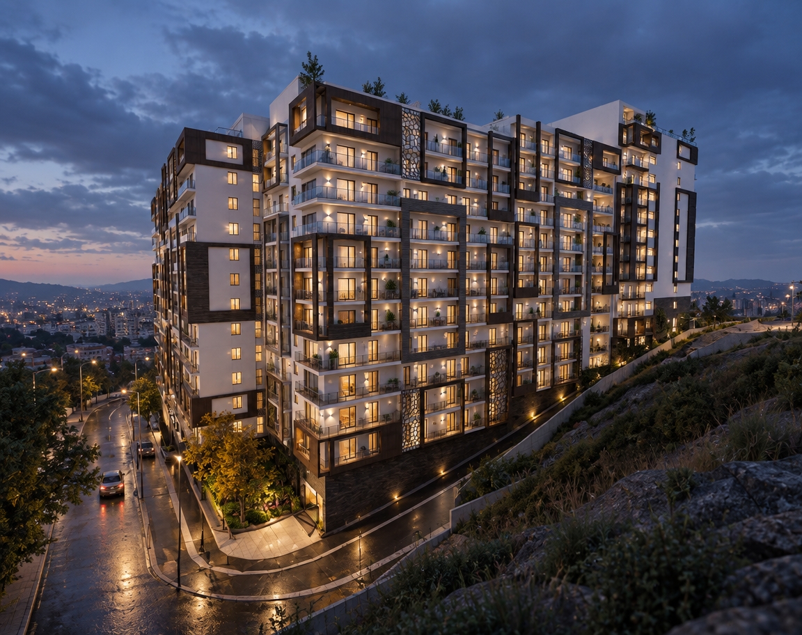 A cinematic architectural photograph of the modern multi-story apartment building during blue hour, captured with a professional wide-angle tilt-shift lens maintaining the exact perspective and geometry. An overcast twilight sky casts cool blue ambient light and subtle atmospheric haze across the scene, creating a sharp contrast with the warm, inviting interior illumination glowing through the windows and across glass balconies. The exterior finishes feature realistic micro-textures, including smooth matte white plaster, textured dark accent panels, and reflective glass railings catching soft dusk highlights. Asphalt streets and surrounding sloped terrain receive natural twilight reflections, balanced by subtle edge vignetting and rich dynamic range that bring photorealistic depth to the structure.