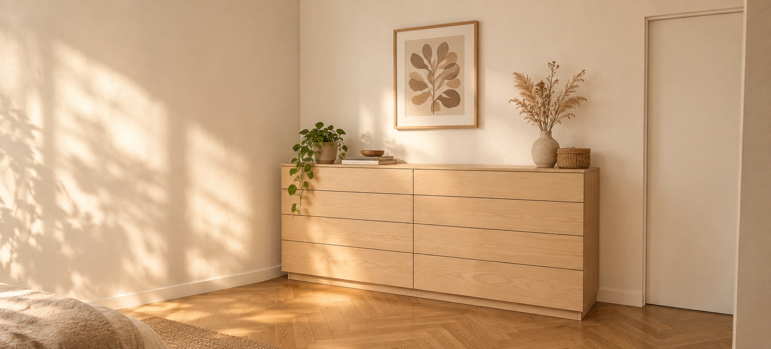 An incredibly lifelike, richly detailed, photorealistic interior shot of a serene bedroom corner set in a bohemian oasis. The scene is illuminated by warm, diffused morning sunlight streaming from an unseen window, creating a soft, tranquil, and inviting atmosphere. Captured with a 35mm lens, emphasizing the rich, honey-toned grain of the Guatambú plywood chest of drawers and the intricate, warm character of the natural oak parquet flooring.

The minimalist, custom-built chest of drawers features seamless, handle-less fronts that highlight the fine, light-colored wood textures, standing as a clean-lined anchor against the gently textured, cream-painted walls. The flooring is laid in a classic herringbone pattern, adding a sense of organic movement and craftsmanship to the space. The composition is balanced and airy, with the interplay of soft shadows and the inviting glow of the materials enhancing the depth of the room. A sense of relaxed elegance permeates the space, evoking a peaceful sanctuary perfectly suited for a slow, sun-drenched morning.