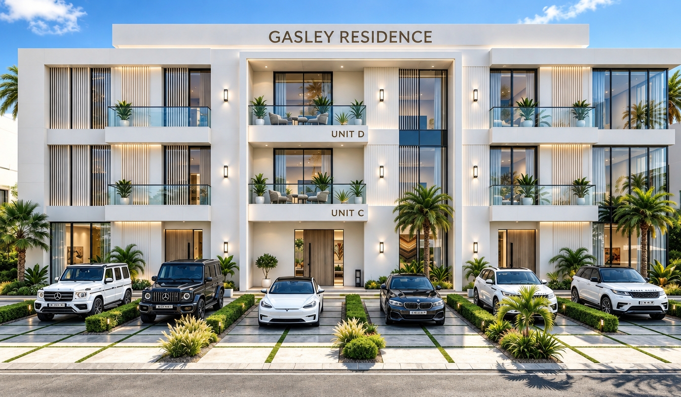 An incredibly lifelike, richly detailed, photorealistic wide-angle exterior shot of the Gasley Residence set in a lush, manicured spring landscape under the brilliant, high-contrast glow of a clear midday sun. The scene is illuminated by crisp, natural light, creating a sophisticated and airy atmosphere that highlights the building's contemporary elegance and clean, symmetrical lines. Captured with a professional-grade wide-angle lens on a full-frame sensor, the image emphasizes the pristine, warm-white stucco facade, the lustrous pearl and champagne-toned stone surfaces, and the sophisticated slim metal accents that frame the expansive floor-to-ceiling glass balconies. The architectural composition is perfectly balanced, showcasing a refined, polished aesthetic where the structural symmetry is complemented by curated tropical greenery and a fleet of premium vehicles parked in the segmented, turf-lined driveway. The rendering captures the essence of luxury living, where deep shadows provide depth against the bright, reflective glass of the units, suggesting interiors finished with tailored upholstered furniture, abstract wall art, and sculptural lighting, all visible through the transparent, light-filled apertures that define this masterclass in modern, understated residential design.